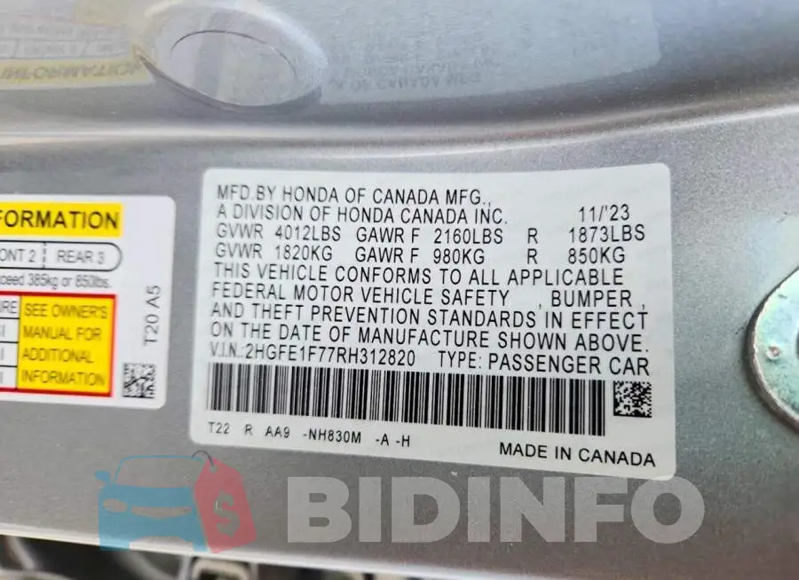 2HGFE1F77RH312820 Photo# 13