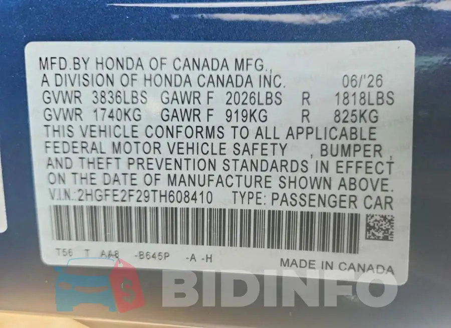 2HGFE2F29TH608410 Photo# 13