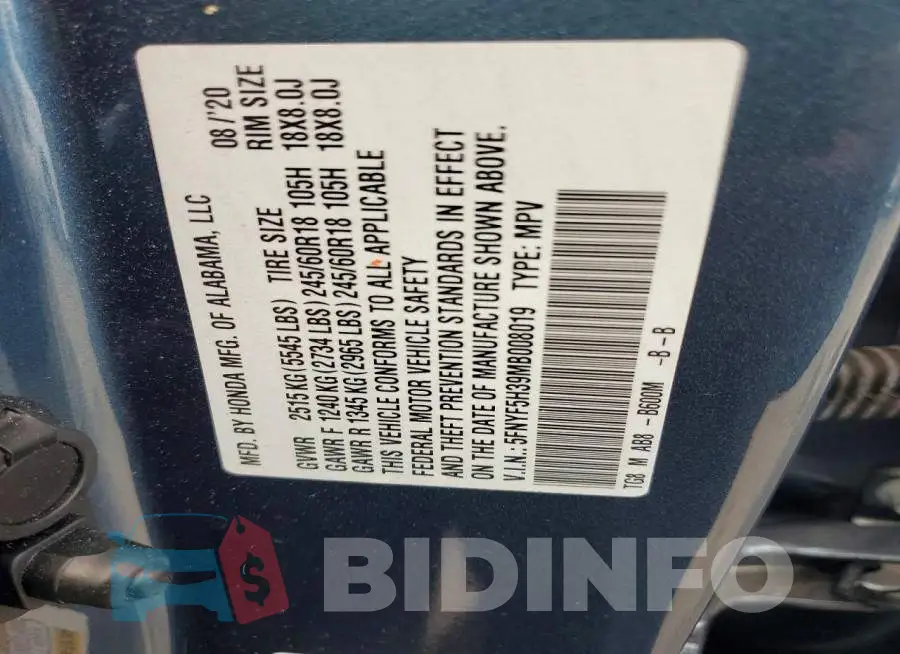 5FNYF5H39MB008019 Photo# 14