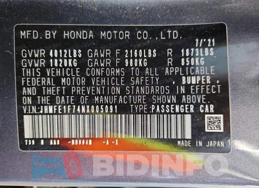 JHMFE1F74NX005091 Photo# 13