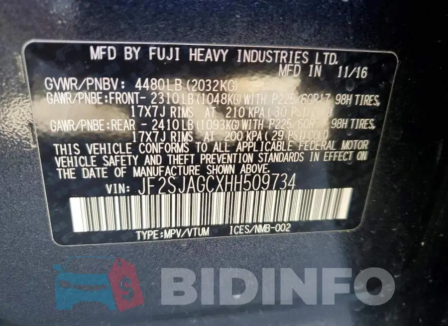 JF2SJAGCXHH509734 Photo# 13