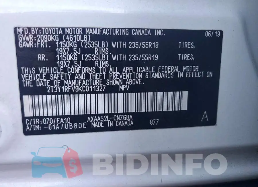 2T3Y1RFV9KC011327 Photo# 13