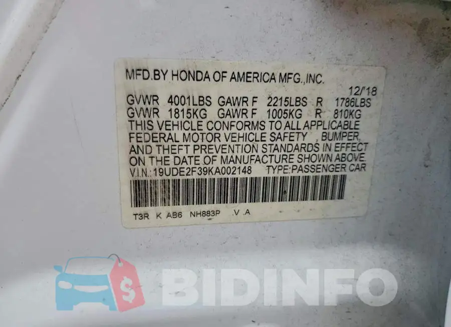 19UDE2F39KA002148 Photo# 12