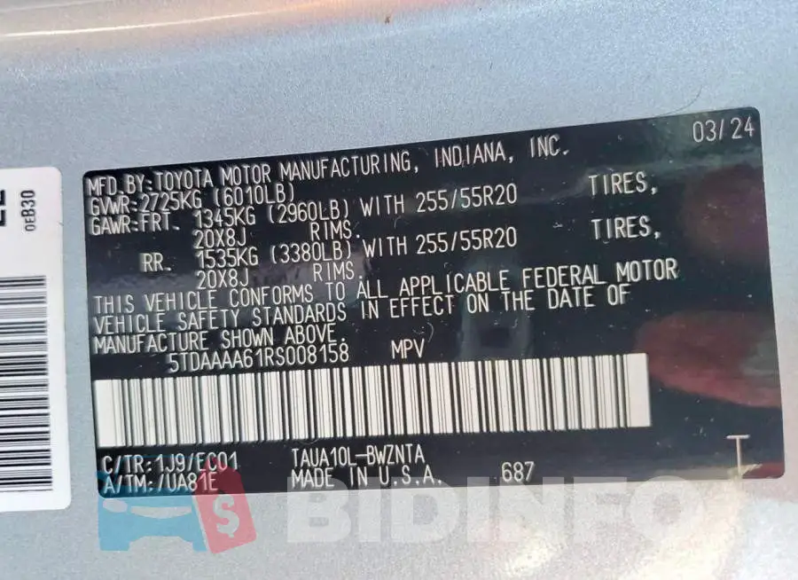 5TDAAAA61RS008158 Photo# 14
