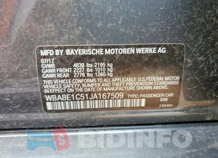 WBA8E1C51JA167509 Photo# 12