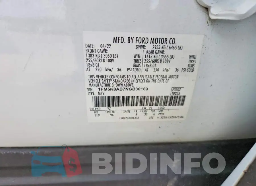 1FM5K8AB7NGB30169 Photo# 13