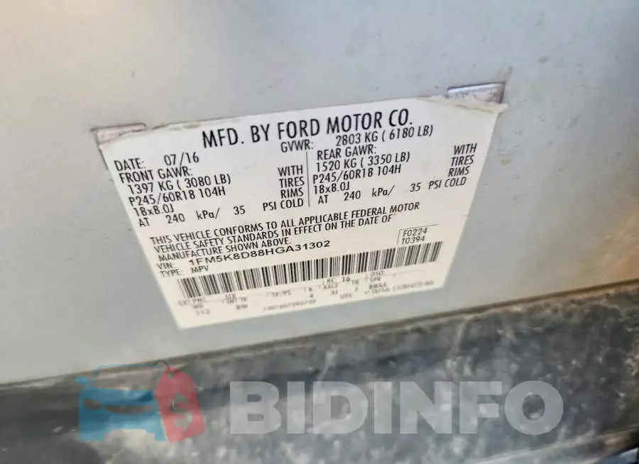 1FM5K8D88HGA31302 Photo# 13
