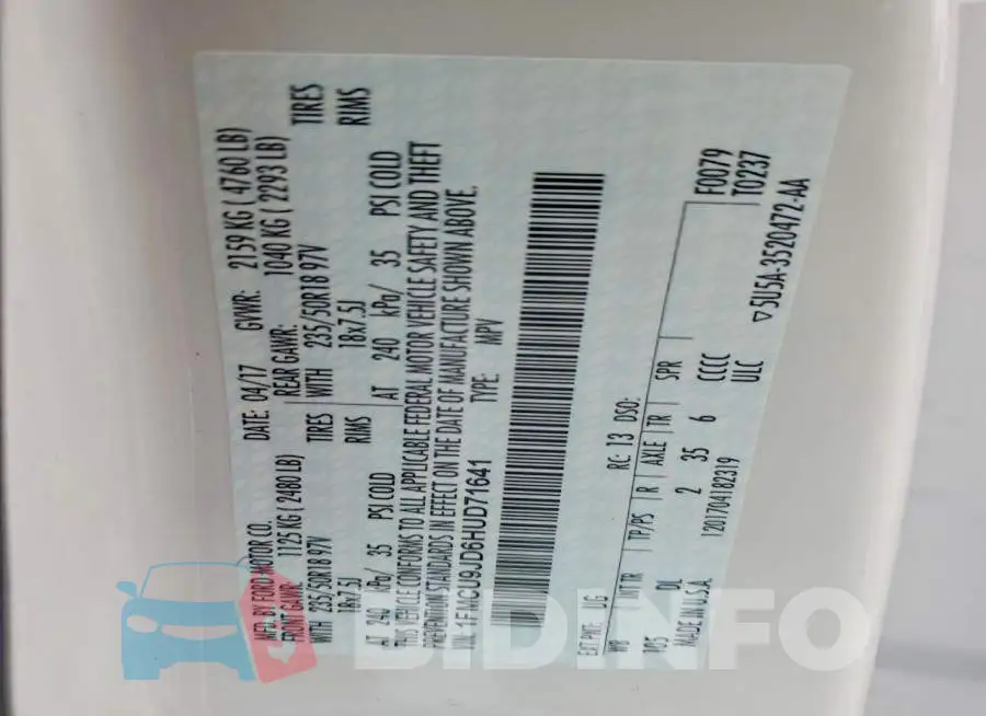 1FMCU9JD6HUD71641 Photo# 13