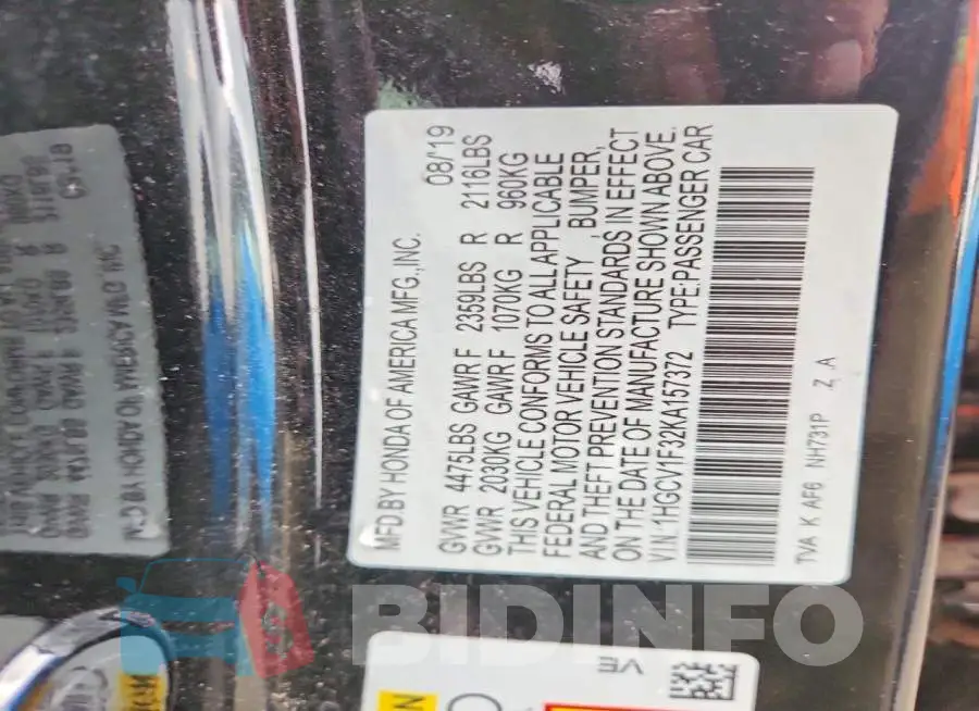 1HGCV1F32KA157372 Photo# 12
