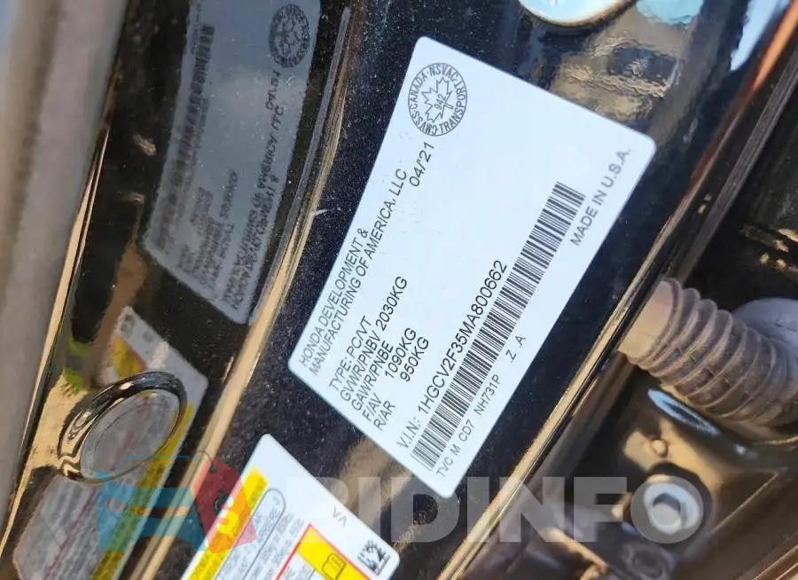 1HGCV2F35MA800662 Photo# 12