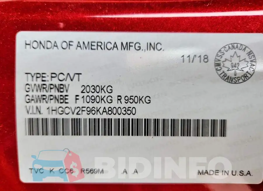 1HGCV2F96KA800350 Photo# 12