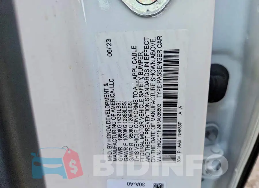 1HGCY1F24PA036803 Photo# 12