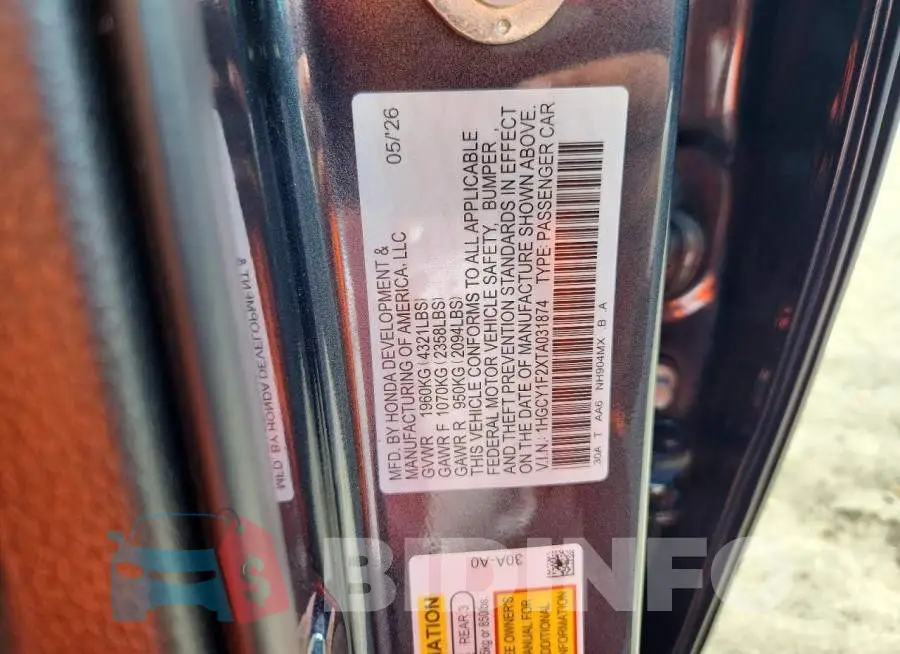 1HGCY1F2XTA031874 Photo# 12