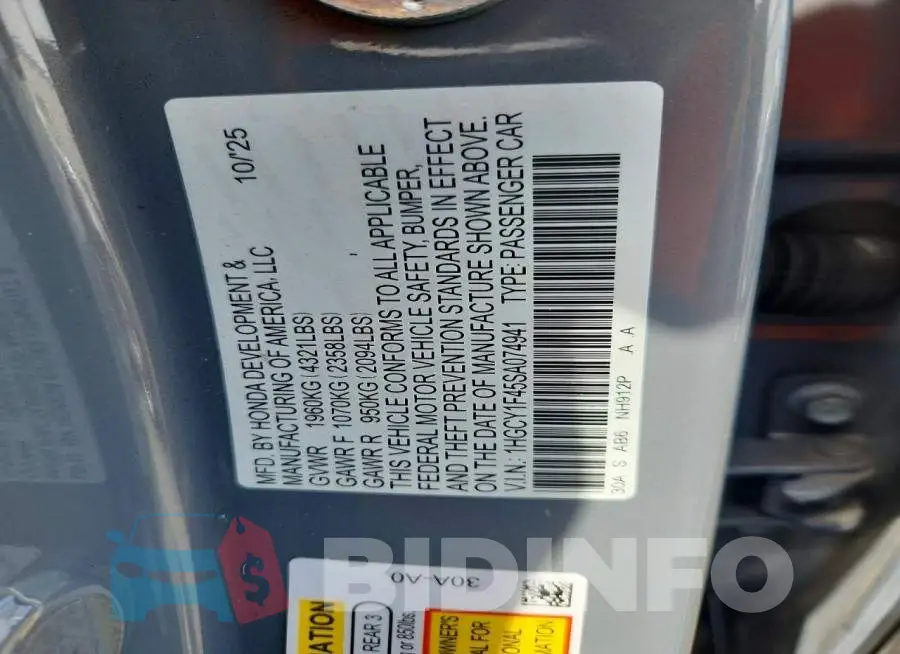 1HGCY1F45SA074941 Photo# 13