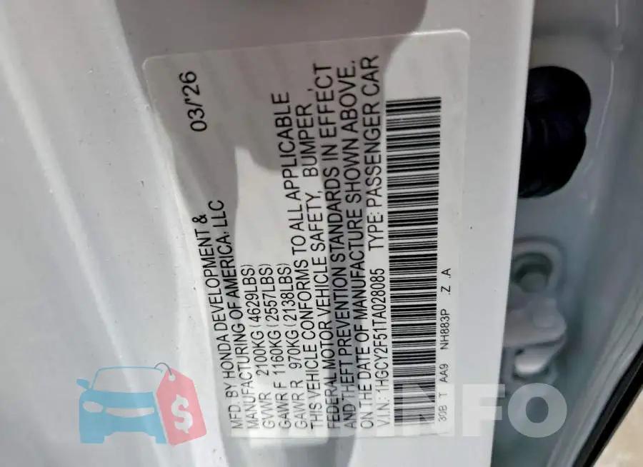1HGCY2F51TA028085 Photo# 12