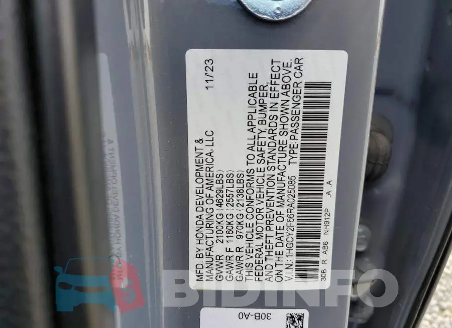 1HGCY2F66RA025085 Photo# 12