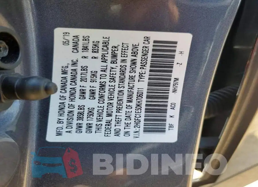 2HGFC1E50KH706011 Photo# 12