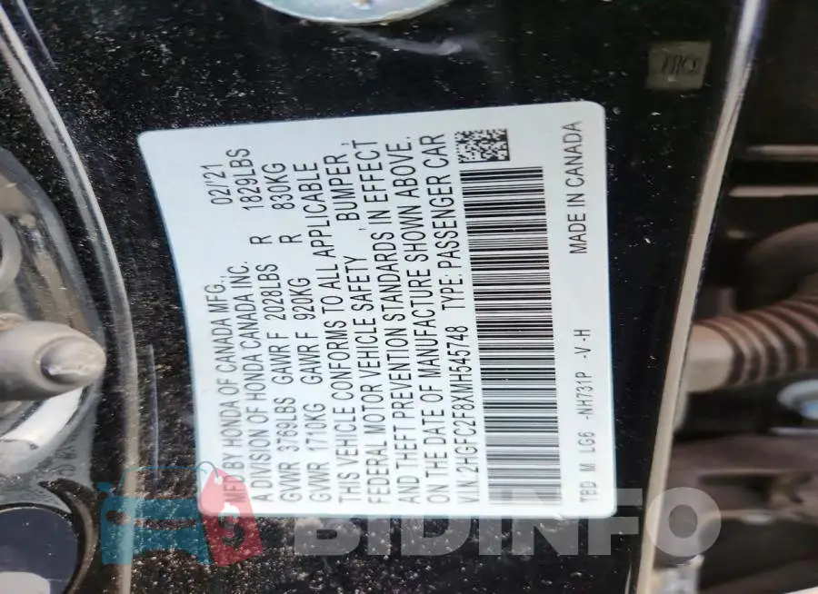 2HGFC2F8XMH545748 Photo# 12
