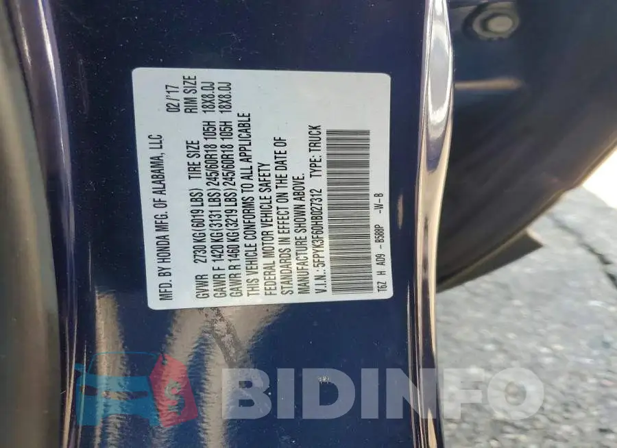 5FPYK3F60HB027312 Photo# 12