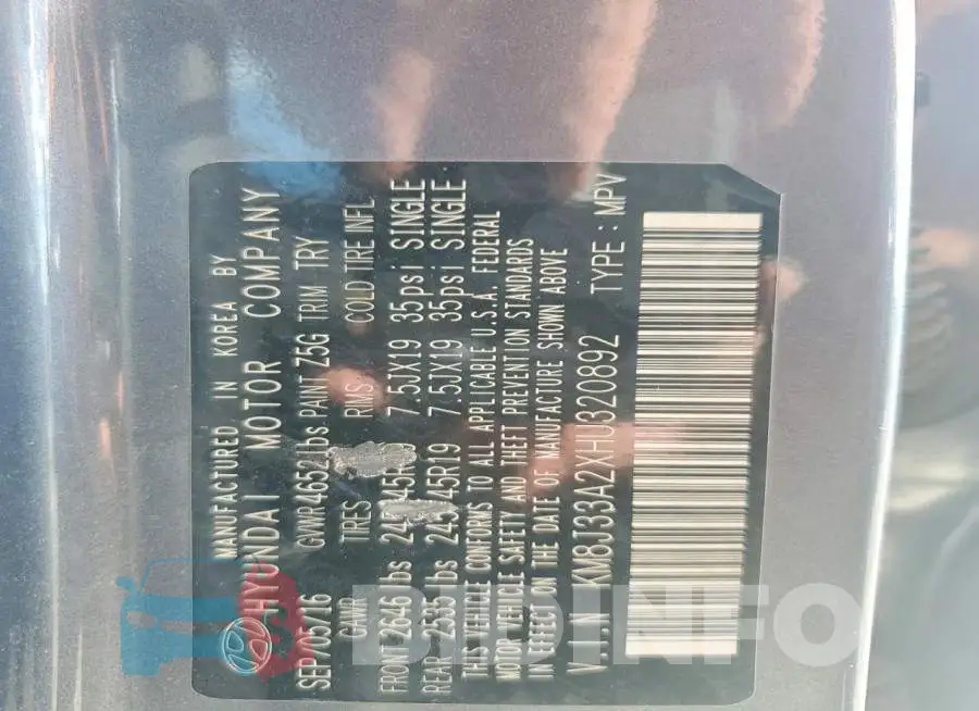 KM8J33A2XHU320892 Photo# 12