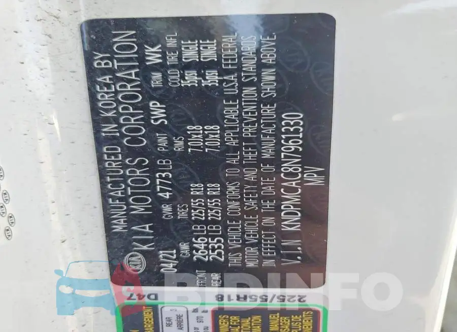 KNDPMCAC8N7961330 Photo# 13