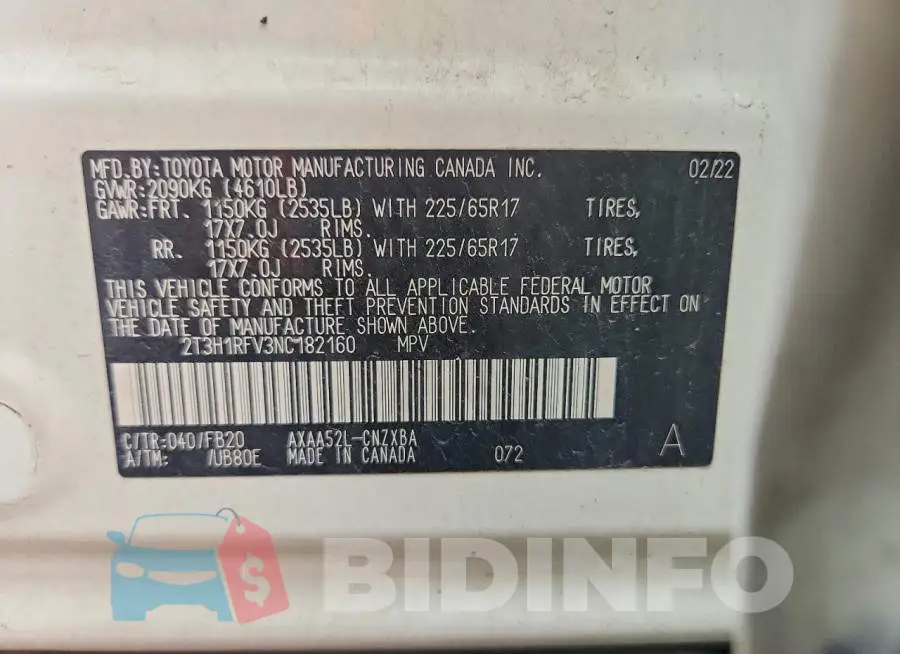 2T3H1RFV3NC182160 Photo# 12