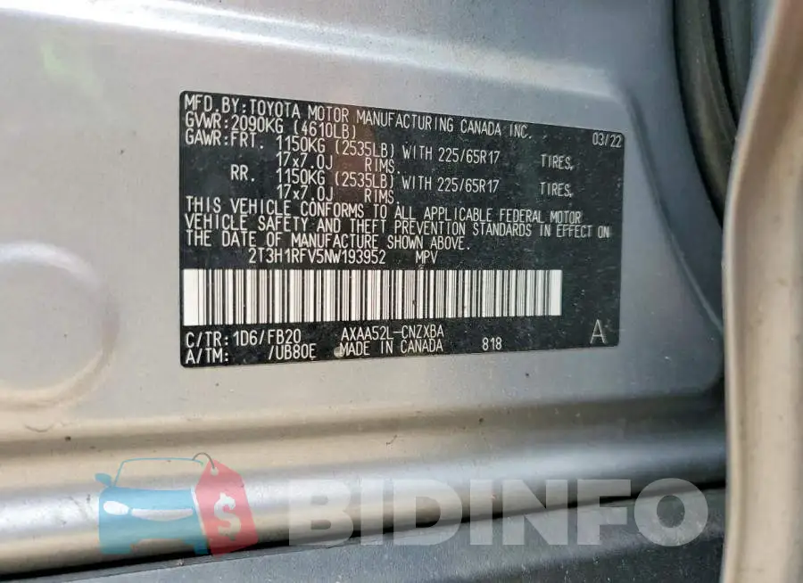 2T3H1RFV5NW193952 Photo# 13