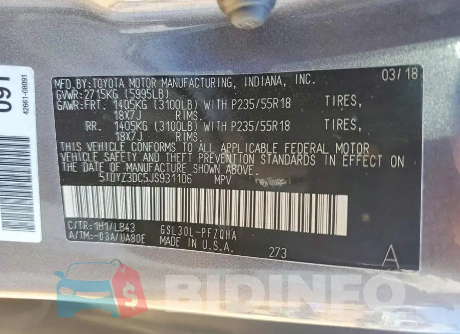 5TDYZ3DC5JS931106 Photo# 13