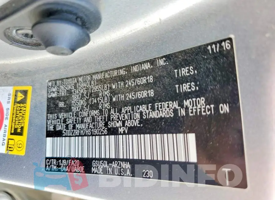 5TDZZRFH7HS190256 Photo# 13