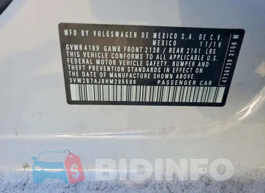 3VW2B7AJ8HM285586 Photo# 12