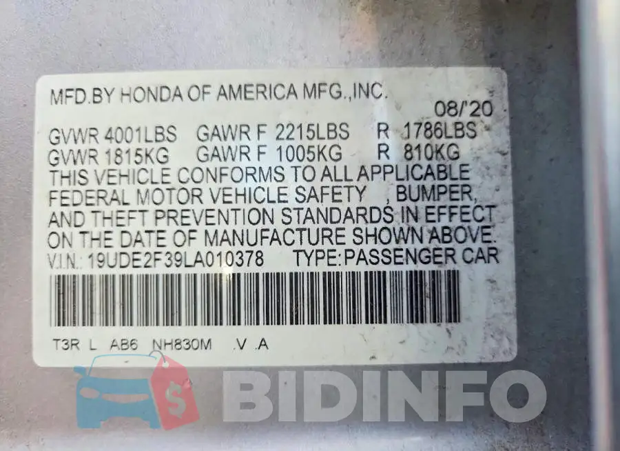 19UDE2F39LA010378 Photo# 12