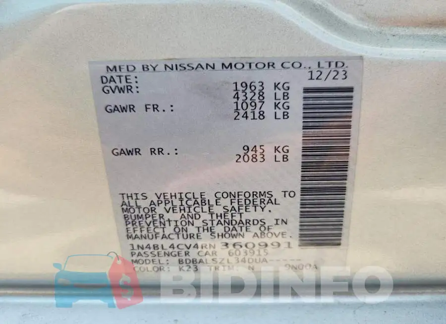 1N4BL4CV4RN360991 Photo# 13