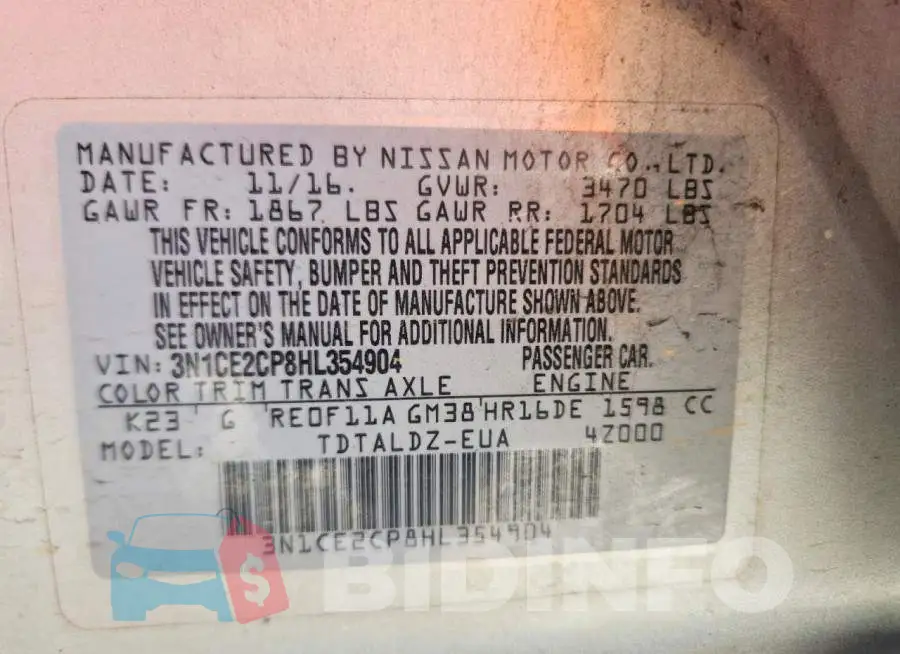 3N1CE2CP8HL354904 Photo# 12