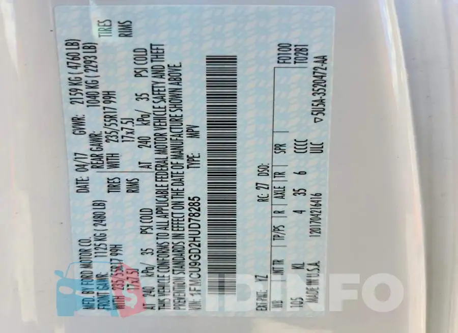 1FMCU9GD2HUD78285 Photo# 13