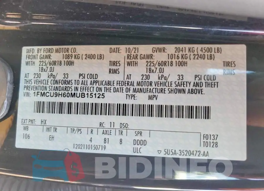 1FMCU9H60MUB15125 Photo# 13