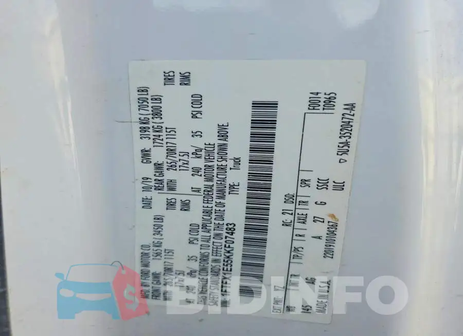 1FTFX1E55KKF07483 Photo# 12
