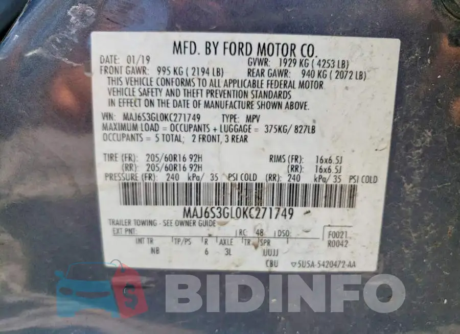 MAJ6S3GL0KC271749 Photo# 12