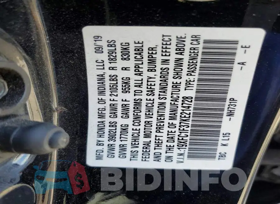 19XFC1F37KE214728 Photo# 13