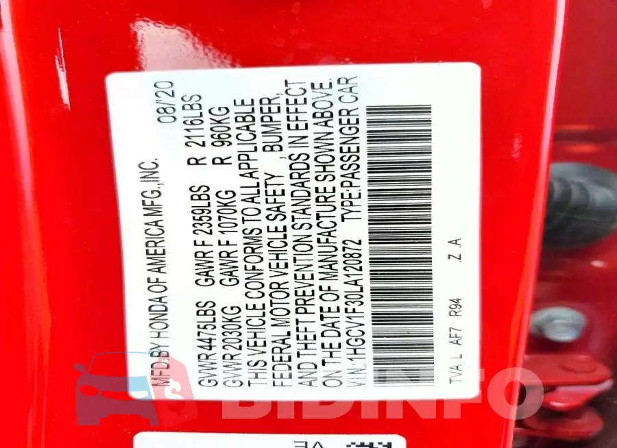 1HGCV1F30LA120872 Photo# 13