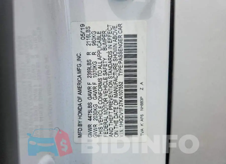1HGCV1F37KA107552 Photo# 12