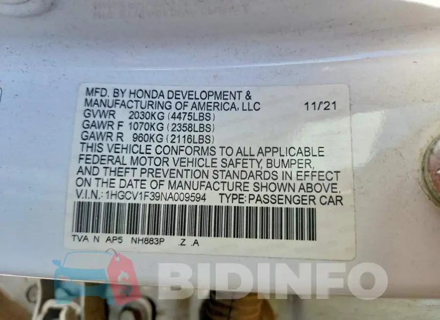 1HGCV1F39NA009594 Photo# 12