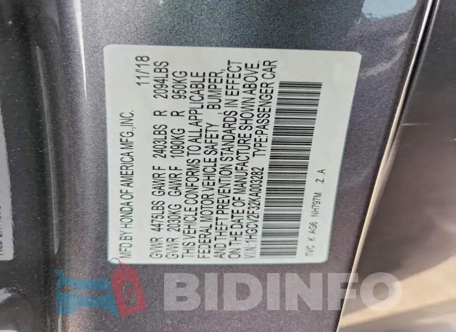 1HGCV2F32KA003282 Photo# 13