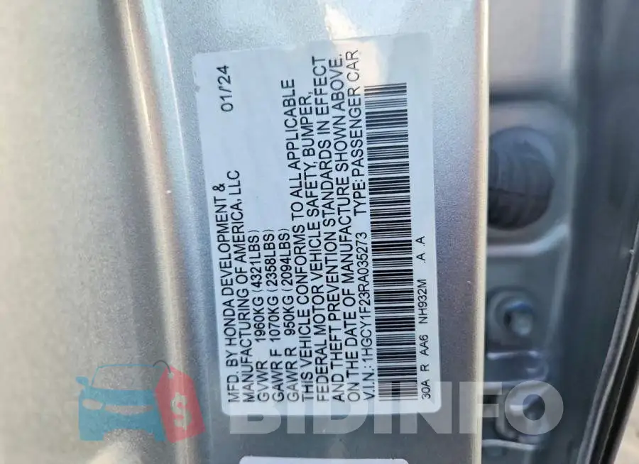 1HGCY1F23RA035273 Photo# 12