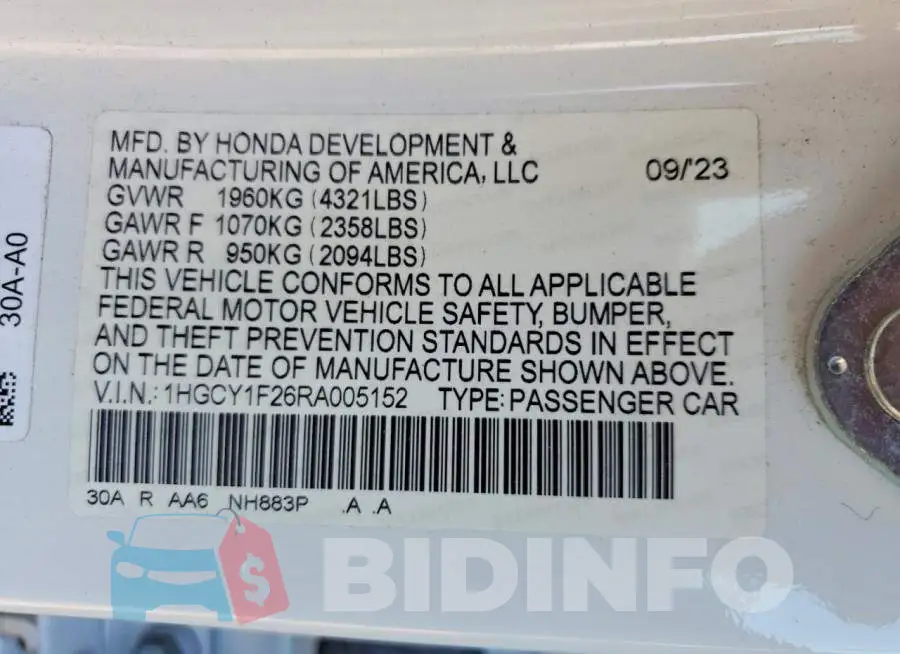 1HGCY1F26RA005152 Photo# 12