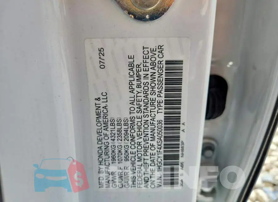 1HGCY1F4XSA050036 Photo# 12