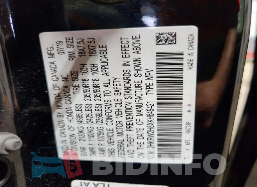 2HKRW2H8XKH649421 Photo# 12