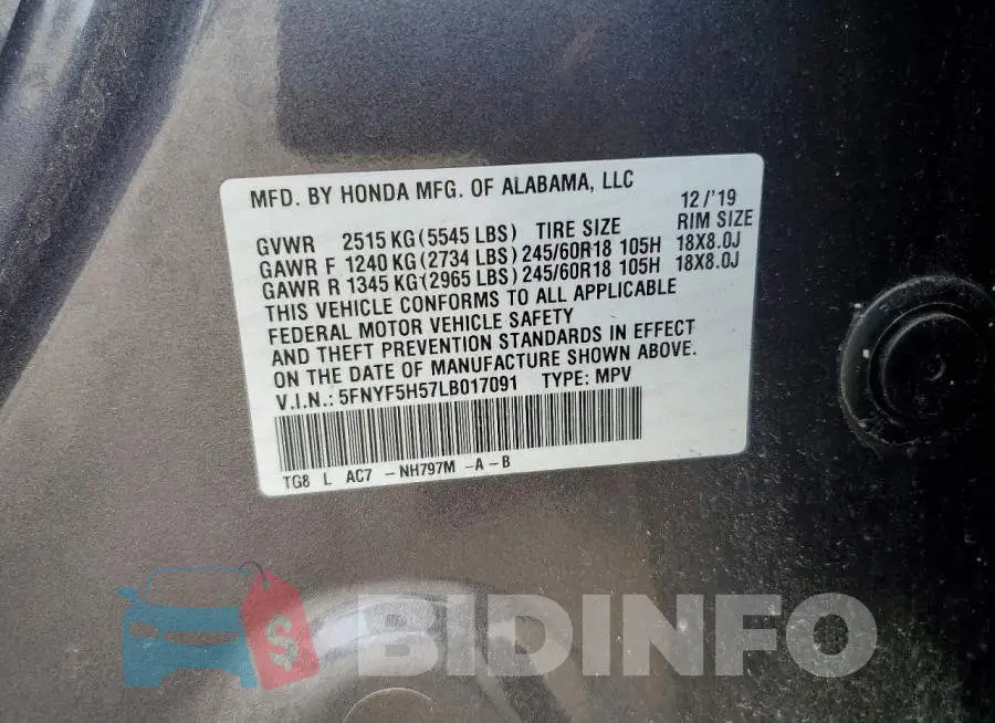 5FNYF5H57LB017091 Photo# 13