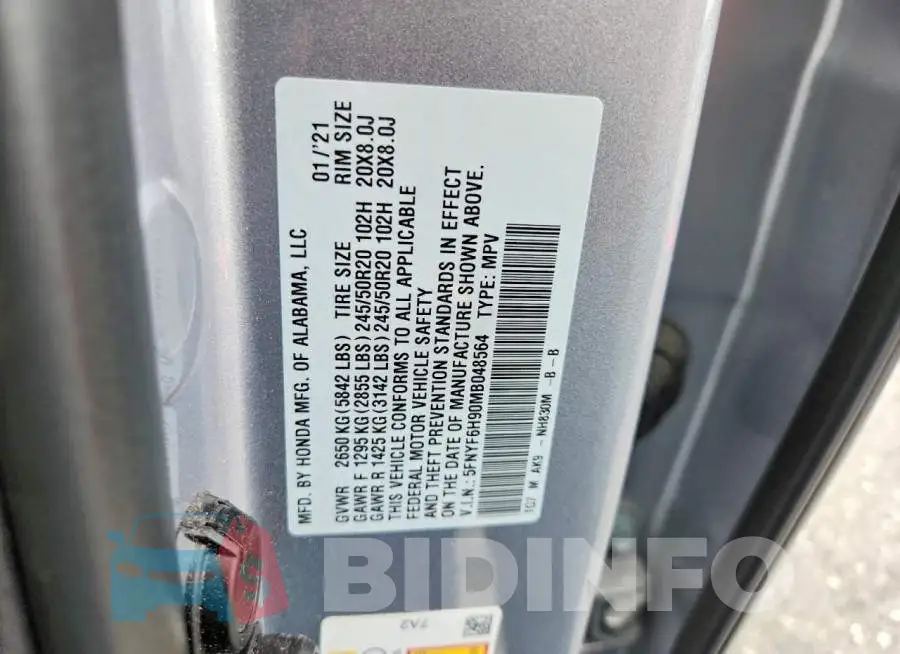 5FNYF6H90MB048564 Photo# 13