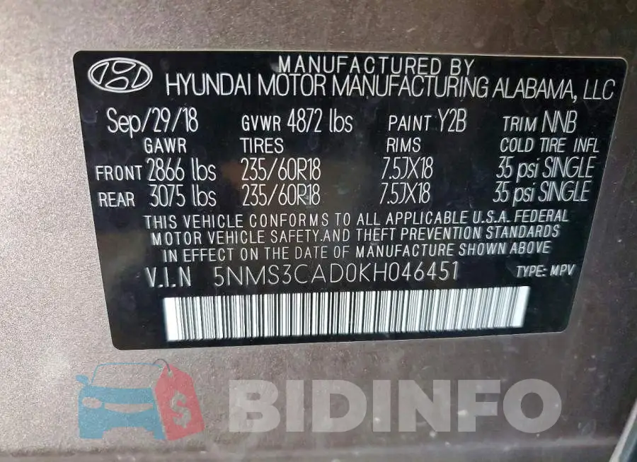 5NMS3CAD0KH046451 Photo# 13