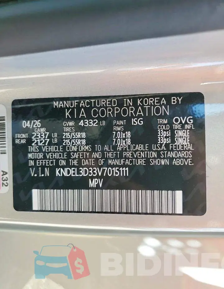 KNDEL3D33V7015111 Photo# 13